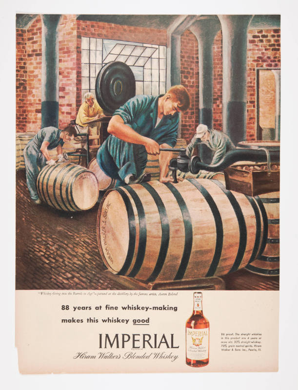Advertisement for Imperial Whiskey featuring Aaron Bohrod's Whiskey Going into the Barrels to Age