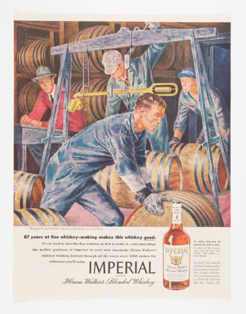 Advertisement for Imperial Whiskey featuring Joseph Hirsch's Weighing the Aged Whiskey