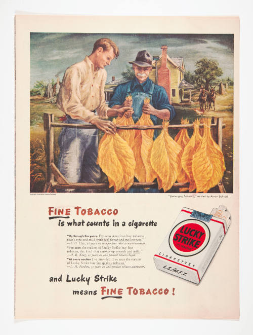 Advertisement for Lucky Strike featuring Aaron Bohrod's Unstringing Tobacco