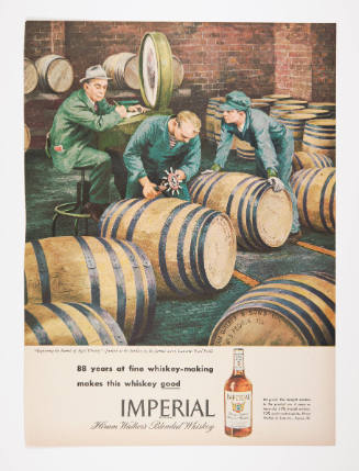 Advertisement for Imperial Whiskey featuring Lawrence Beall Smith's Registering the Barrels of Aged Whiskey