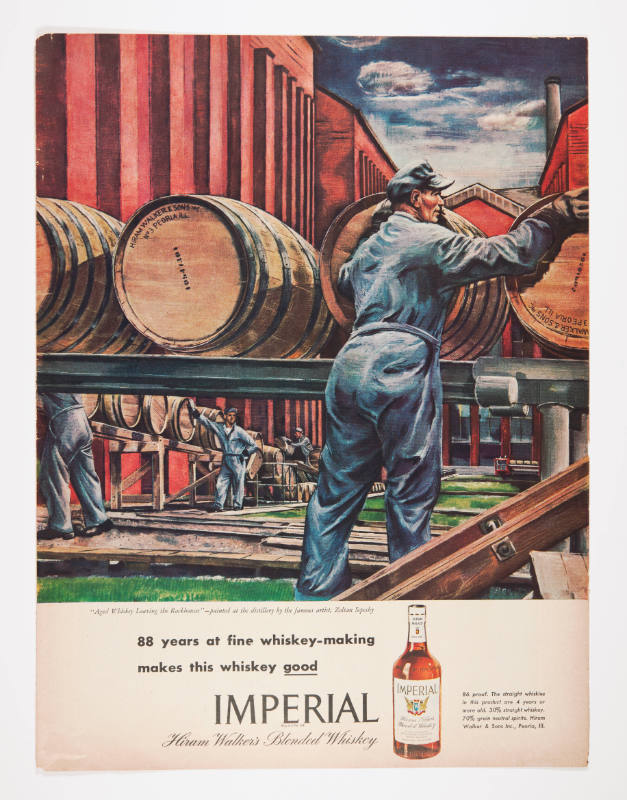 Advertisement for Imperial Whiskey featuring Zoltan Sepeshy's Aged Whiskey Leaving the Rack