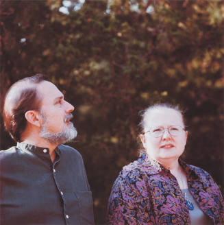 Robert (art history professor and director, Mulvane Art Museum, Washburn University) and Elizabeth Soppelsa (director Applied English Center, University of Kansas), back deck, Kren home, June 13, 1997