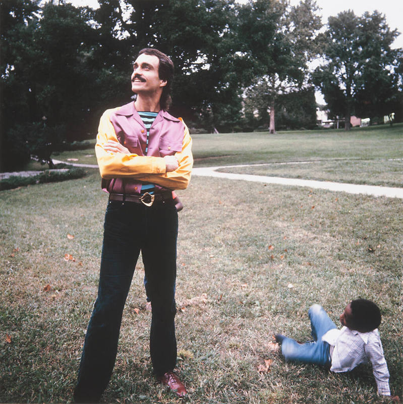 Jim Sajovic (painting professor, Kansas City Art Institute) and a kid, on KCAI campus, December 1, 1982