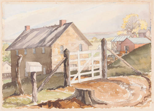 Title unknown (landscape with stone building and gate)