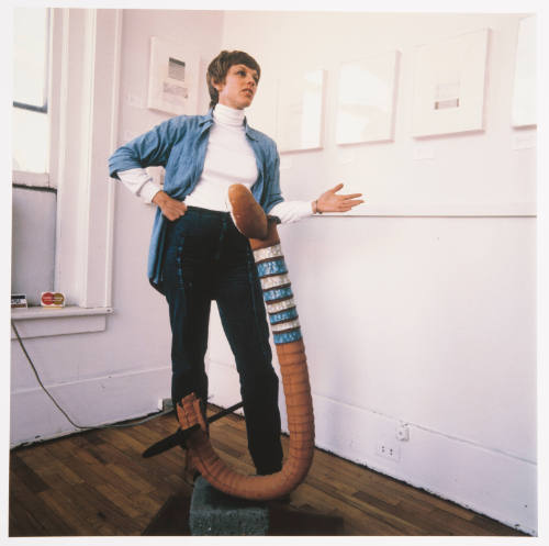 Judi Kellas (artist and owner, Kellas Gallery), in the gallery, 7 East 7th Street, Lawrence, Kansas, January 1, 1982