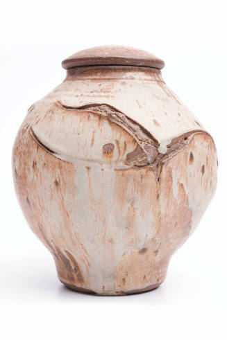 Title unknown (modified wheel-thrown lidded form with brown-white matte glaze)