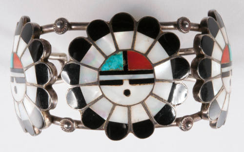 Silver and inlay Sunface Kachina bracelet