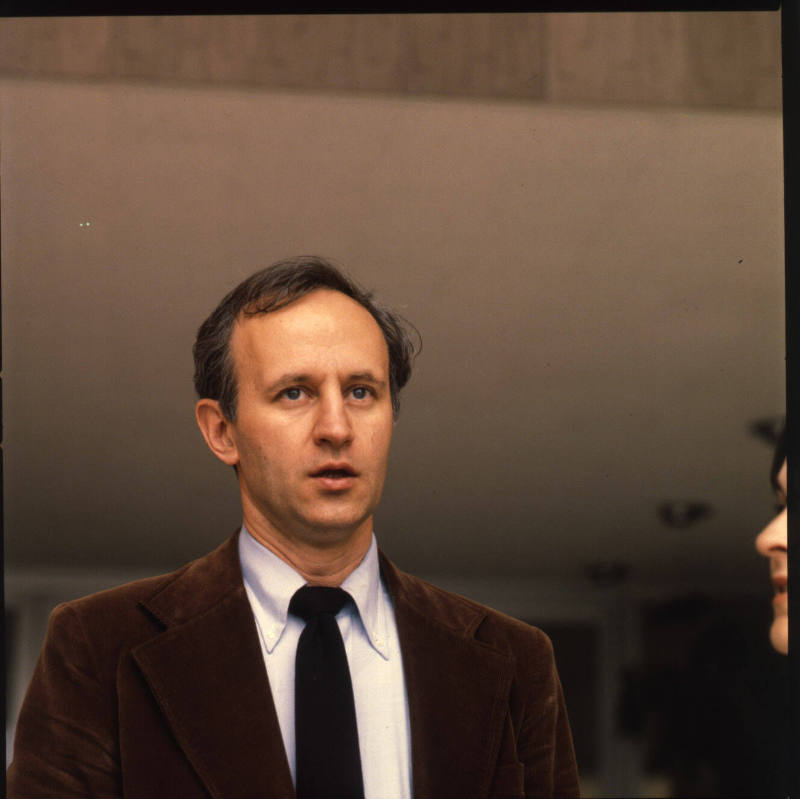 Michael Walling (painting and drawing professor, Kansas City Art Institute), lobby, Mulvane Art Museum, Topeka, Kansas, February 27, 1984