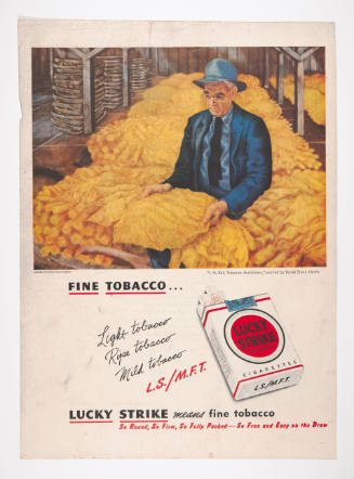 Advertisement for Lucky Strike featuring David Stone Martin's J. M. Ball, Tobacco Auctioneer
