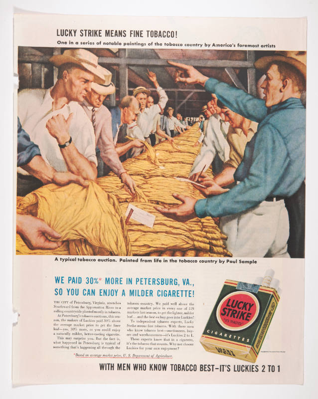 Advertisement for Lucky Strike featuring Paul Sample's A Typical Auction