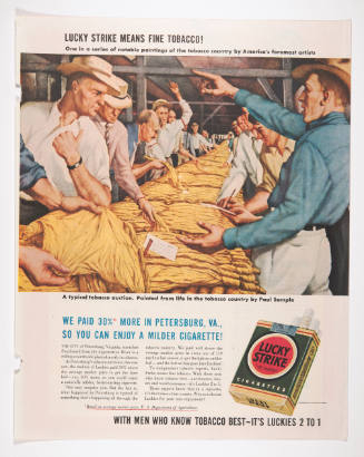 Advertisement for Lucky Strike featuring Paul Sample's A Typical Auction