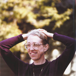 Elizabeth Schultz (English professor, University of Kansas), Front yard, Kren home, Bertrand street, Manhattan, Kansas, April 6, 1987