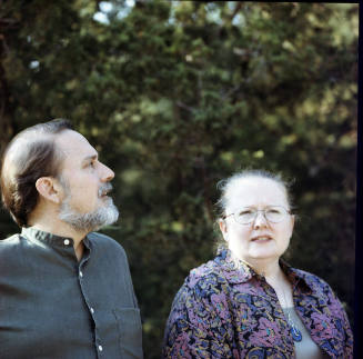 Robert (art history professor and director, Mulvane Art Museum, Washburn University) and Elizabeth Soppelsa (director Applied English Center, University of Kansas), back deck, Kren home, June 13, 1997