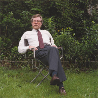 David Perkins (writer and editor, Chauteau Reviero), in his backyard, Walnut street, Kansas City, Missouri, date unknown