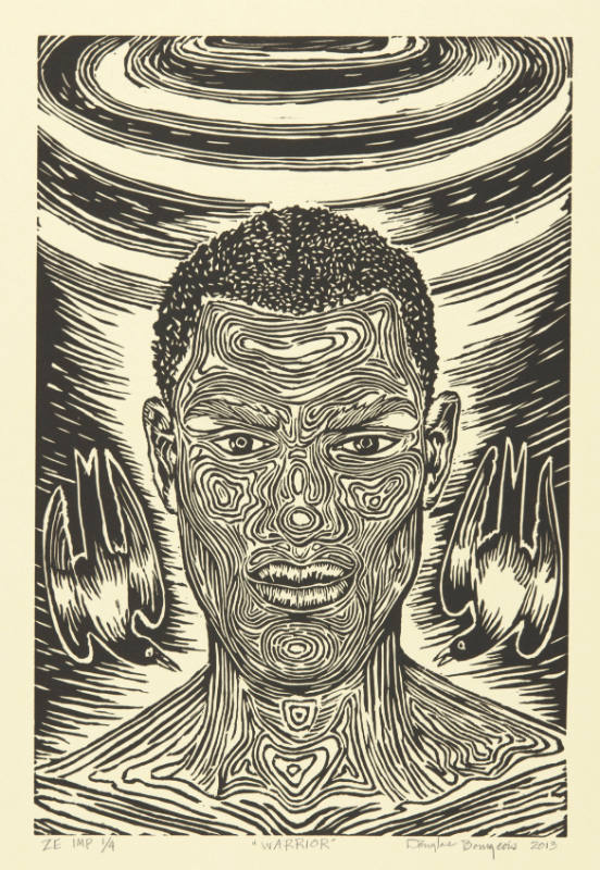 Douglas Bourgeois, Warrior, 2013, linocut, 18 x 12in, Kansas State University, Marianna Kistler…