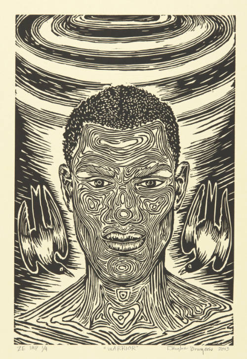 Douglas Bourgeois, Warrior, 2013, linocut, 18 x 12in, Kansas State University, Marianna Kistler…