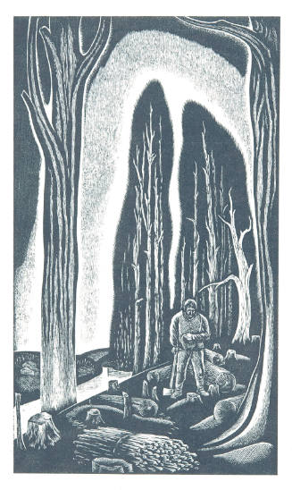 No. 2 — Man in Forest with Bowed Head Among his Cut Logs