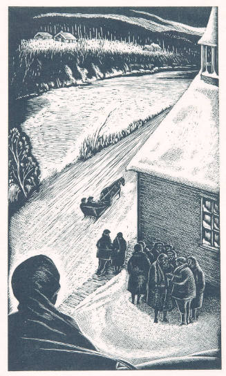 No. 11 — Maria Sitting in Sleigh Outside of Church, Watching Small Group of Men, Beside Church Building