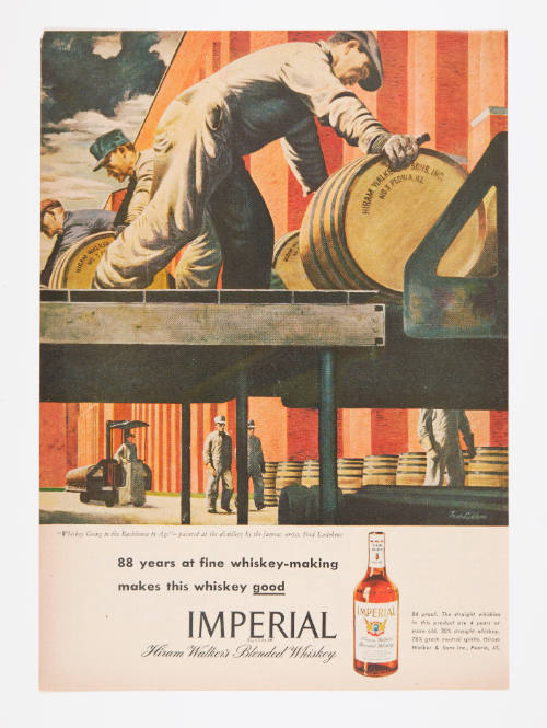 Advertisement for Imperial Whiskey featuring Fred Ludekens' Whiskey Going to the Rackhouse to Age