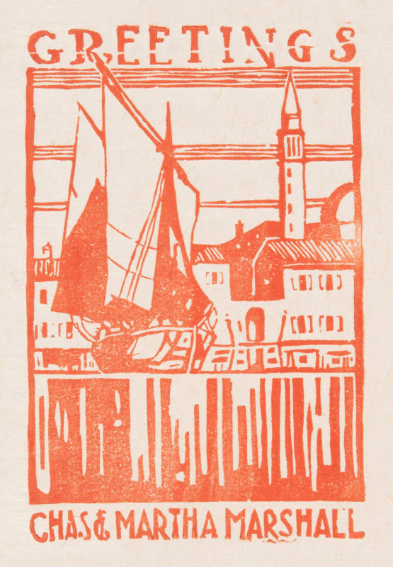 Title unknown (greeting card, boat and buildings)
