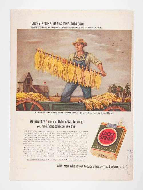 Advertisement for Lucky Strike featuring Arnold Blanch's A "Stick" of Tobacco After Curing