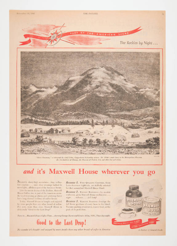 Advertisement for Maxwell House featuring Adolf Dehn's Black Mountain