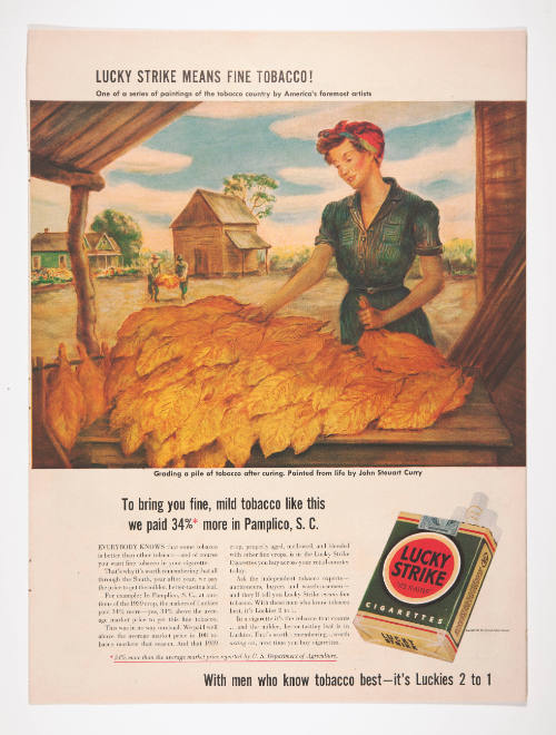 Advertisement for Lucky Strike featuring John Steuart Curry's Grading a Pile of Tobacco After Curing