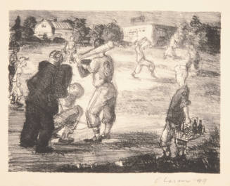 Oscar Vance Larmer, title unknown (baseball players), 1949, lithograph, 8 3/4 x 6 7/8 in., Kans…