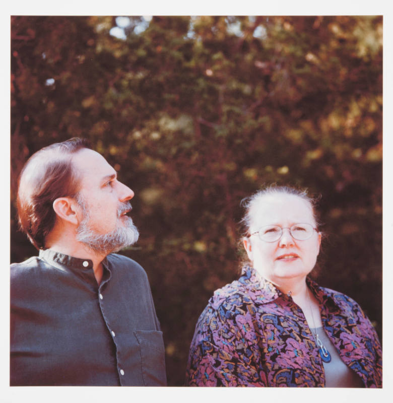 Robert (art history professor and director, Mulvane Art Museum, Washburn University) and Elizabeth Soppelsa (director Applied English Center, University of Kansas), back deck, Kren home, June 13, 1997