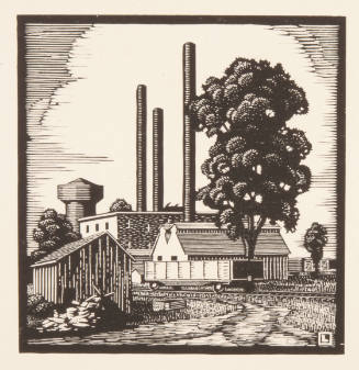 Herschel C. Logan, title unknown (factory), ca.1925, woodcut, 6 x 5 3/4 in., Kansas State Unive…