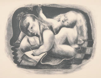 Nura Woodson Ulreich, title unknown (girl with flower and girl writing), ca. 1940, lithograph, …