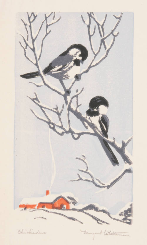 Margaret Evelyn Whittemore, Chickadees, ca. 1935, linocut, 7 x 4 in., Kansas State University, …