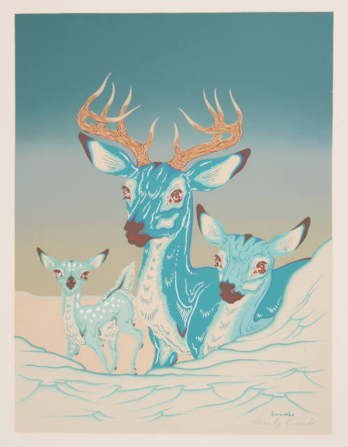 Woody Crumbo, Deer Family, ca. 1948, screenprint, 16 1/2 x 12 1/2 in., Kansas State University,…