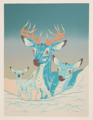 Woody Crumbo, Deer Family, ca. 1948, screenprint, 16 1/2 x 12 1/2 in., Kansas State University,…