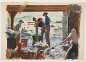 Loran Wilford, title unknown (fish merchant), ca. 1955, watercolor, 14 x 18 1/2 in., Kansas Sta…