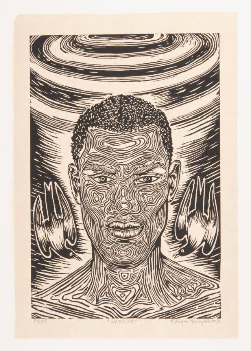 Douglas Bourgeois, Warrior, 2013, Linocut with chine collé, 18 x 12 in., Kansas State Universit…