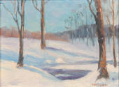 Nannine (Nan) Quick Sheets, title unknown (stream in winter), ca.1935, oil on canvas, 6 x 8 in.…