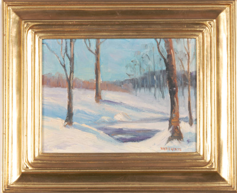 Nannine (Nan) Quick Sheets, title unknown (stream in winter), ca.1935, oil on canvas, 6 x 8 in.…