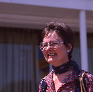 Marjorie Schick (jewelry professor, Pittsburg State University), outside restaurant, Wichita, Kansas, September 4, 1982