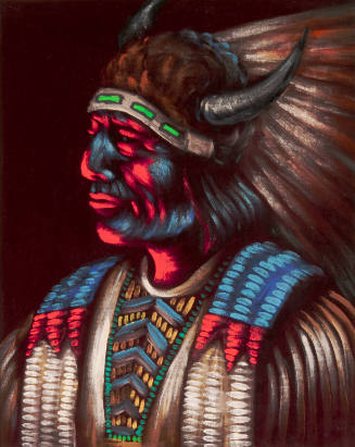 Louis ShipShee, title unknown (man in bison headdress), ca. 1970, acrylic on velvet mounted on …