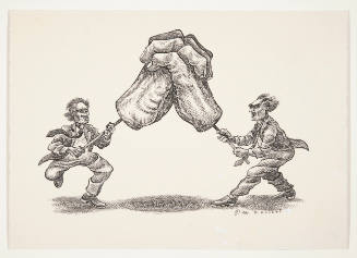 Paul Arthur Kolsti, title unknown (hand battle), 1981, ink with white correction fluid, 7 3/4 x…