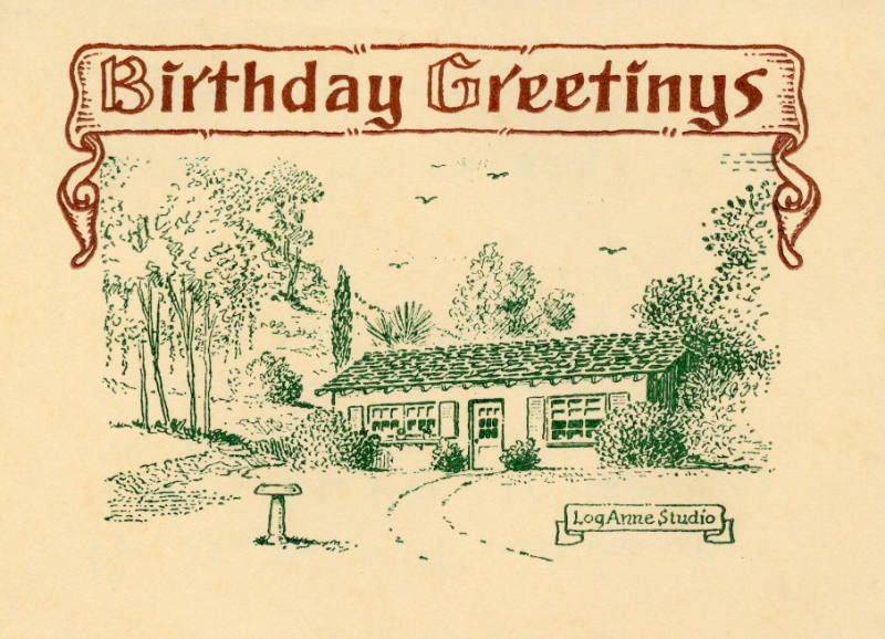 Herschel C. Logan, Birthday Greetinys Log-Anne Studio card, ca. 1980, metalpoint, 4 7/16 x 6 3/…