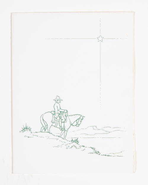 Herschel C. Logan, Christmas card (cowboy with horse), ca. 1985, metal relief print, 6 1/8 x 4 …