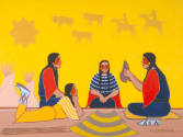 Archie Blackowl, Moccasin Makers, ca. 1975, acrylic on canvas, 30 x 40 in., Kansas State Univer…