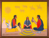 Archie Blackowl, Moccasin Makers, ca. 1975, acrylic on canvas, 30 x 40 in., Kansas State Univer…