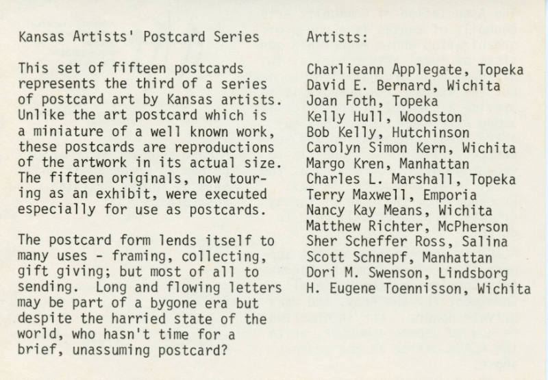 Association of Community Arts Councils of Kansas, Kansas Artists' Postcard Series title card, 1…