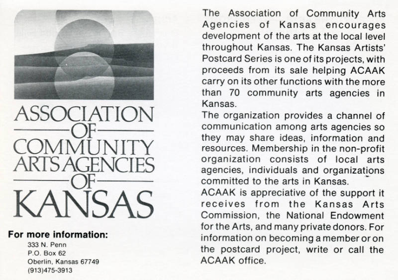 Association of Community Arts Councils of Kansas, Kansas Artists' Postcard Series title card, 1…