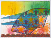 Thomas Klocke, title unknown (abstract fan shape yellow/orange stars over a blue, green, and pi…