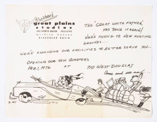 Blackbear Bosin, Blackbear's Great Plains Studios moving notice, 1972, photomechanical reproduc…