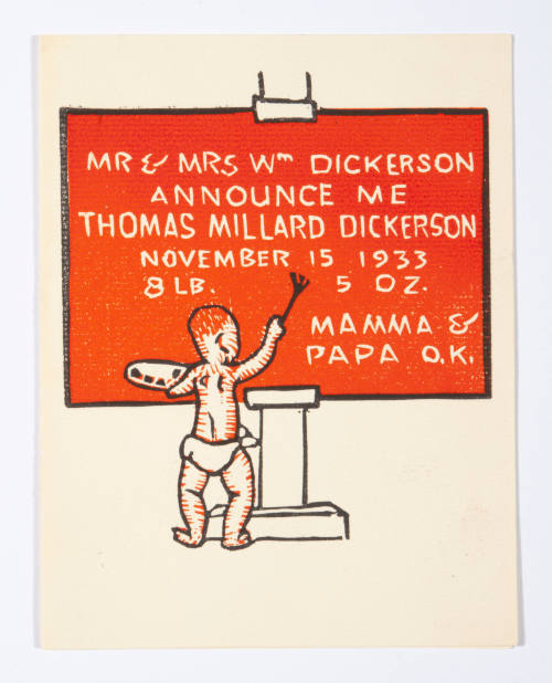 William Judson Dickerson, Baby announcement for Thomas Millard Dickerson, 1933, linoleum cut, 5…